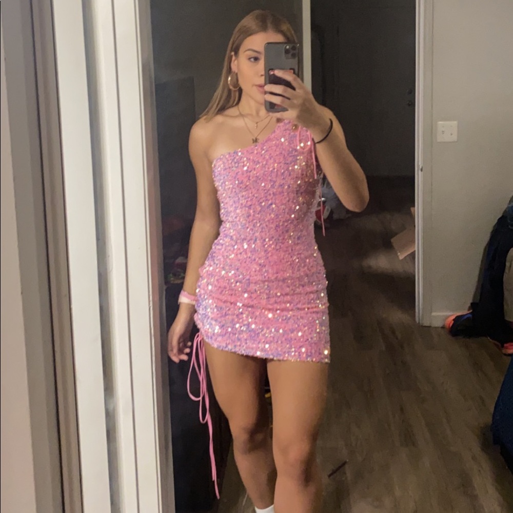 Olivia One Shoulder Sequin Dress In Barbie Pink